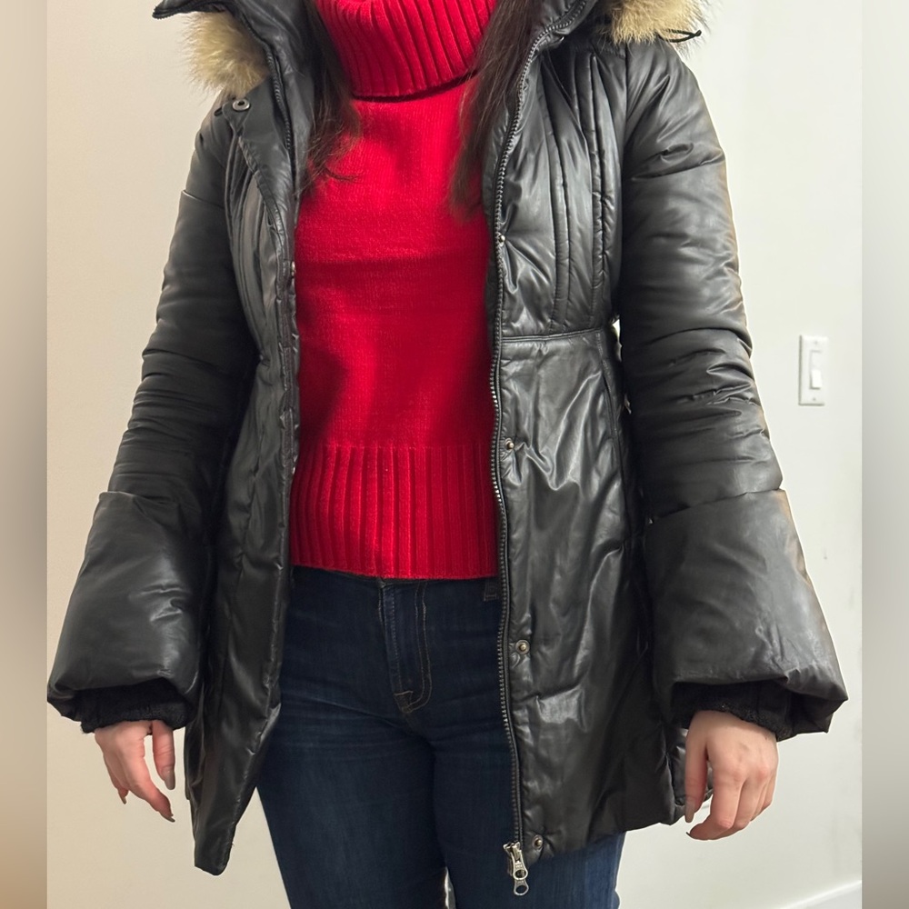 Mackage Black Puffer Jacket with Fur Trim Hood & Balloon Sleeves